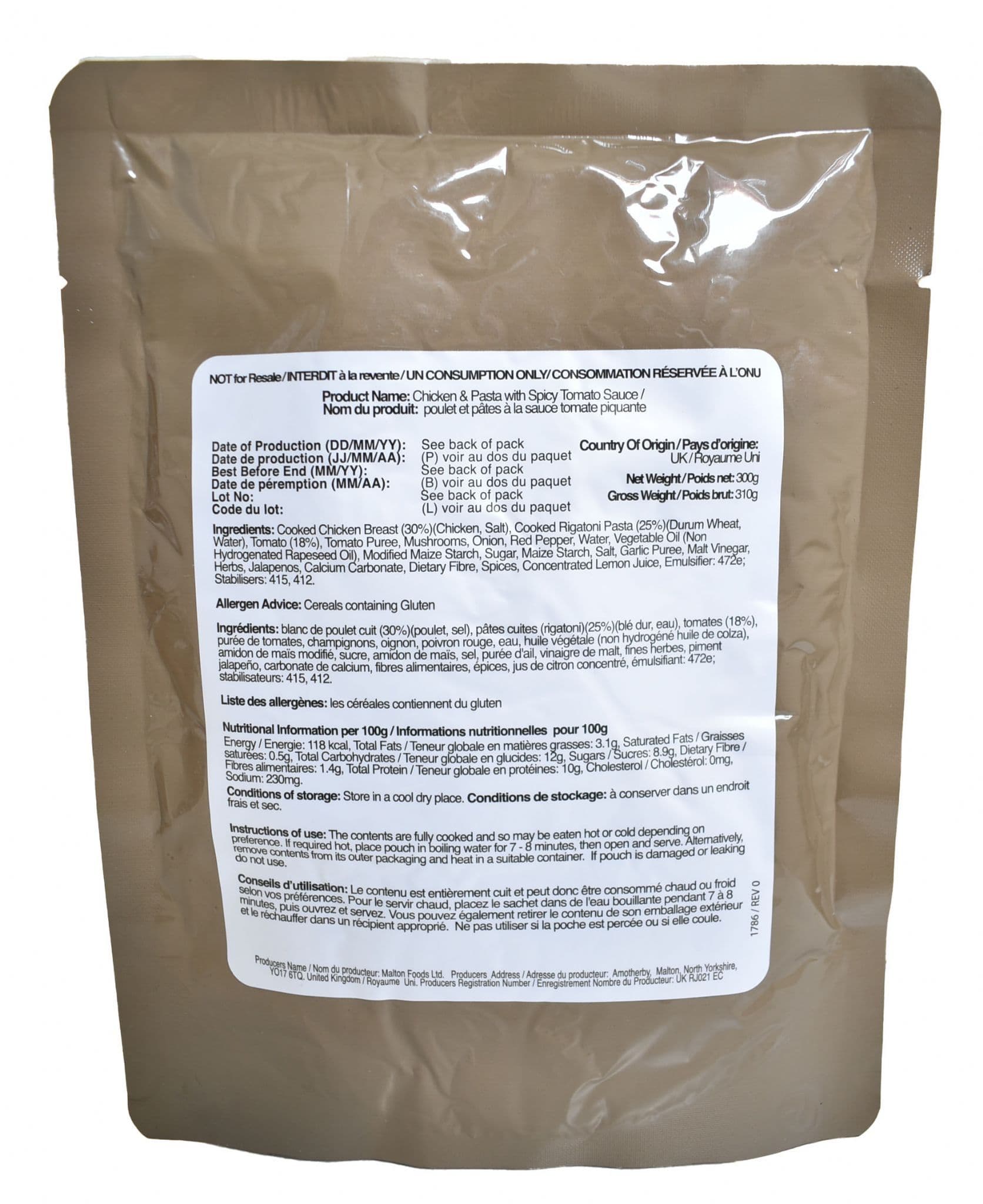British Military Ration Main Meal Pouch - Chicken & Pasta With Spicy Tomato Sauce 300g