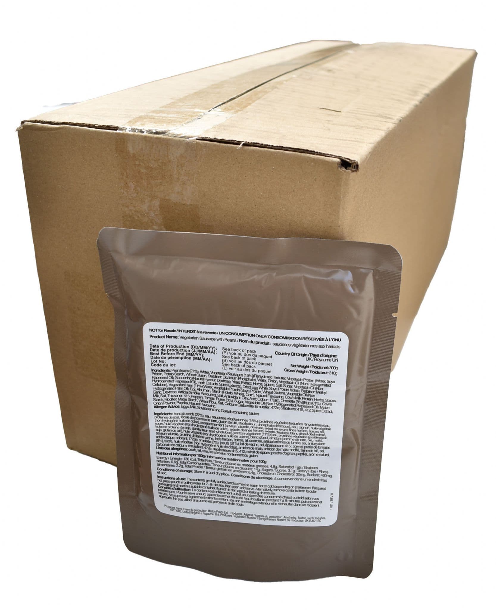 BULK BUY - British Military Ration Main Meal Pouch - Vegetarian Sausage & Beans 300g x 20