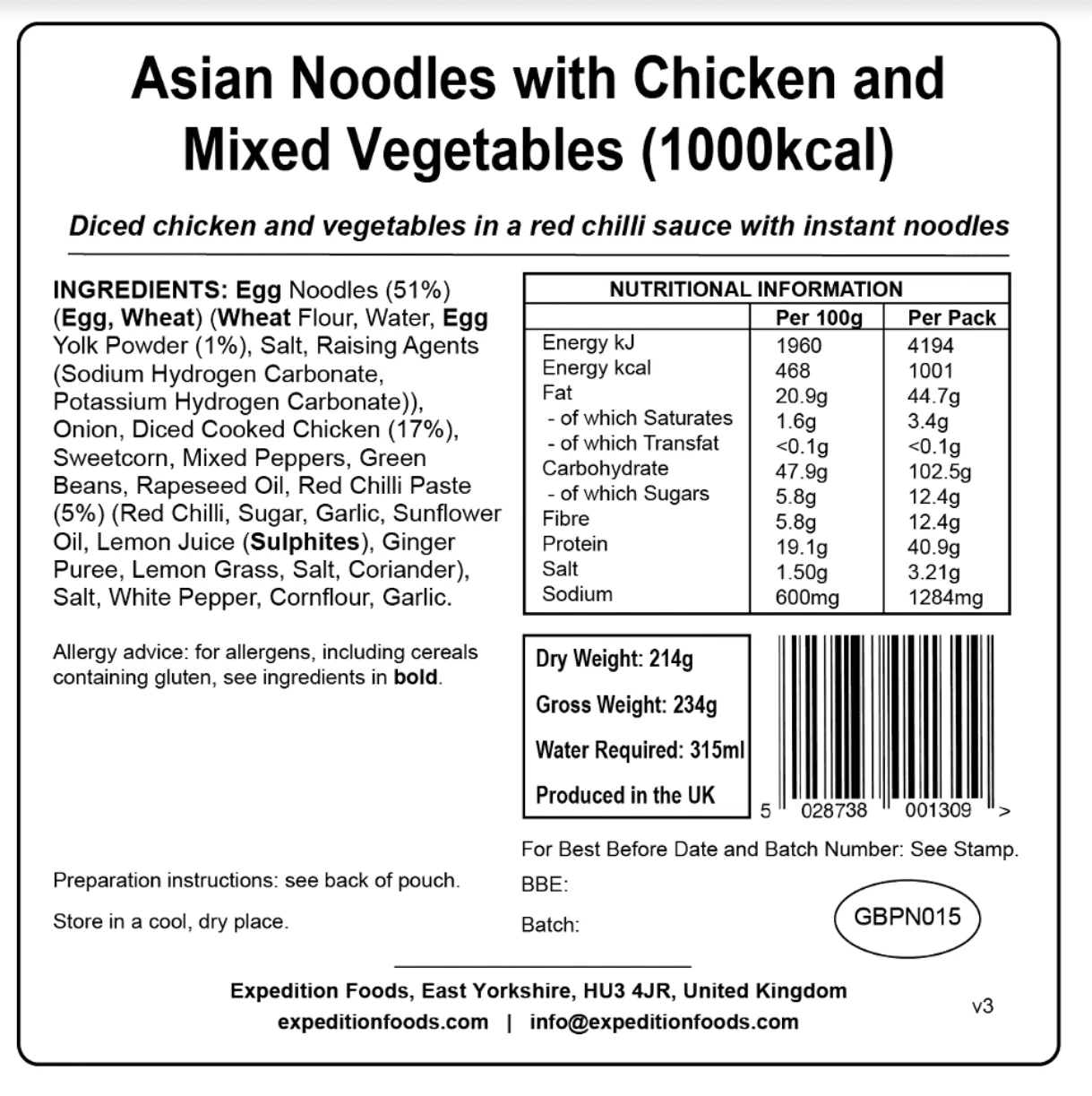 Expedition Foods Freeze Dried Meal Pouch - Asian Noodles With Chicken & Mixed Veg - Various Sizes - Image 4