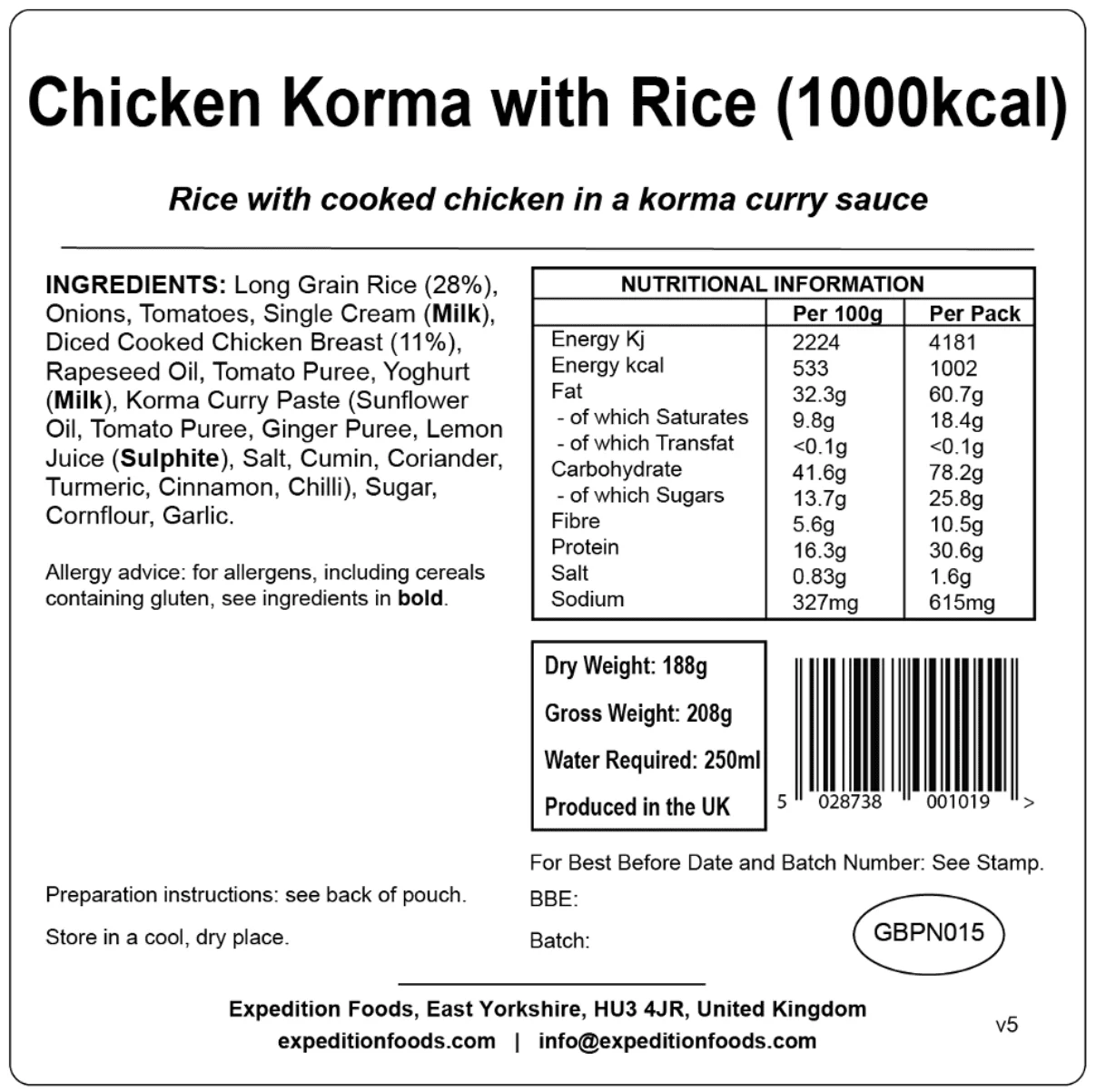 Expedition Foods Freeze Dried Meal Pouch - Chicken Korma With Rice - Various Sizes - Image 4