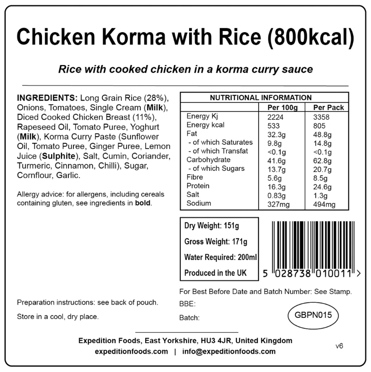 Expedition Foods Freeze Dried Meal Pouch - Chicken Korma With Rice - Various Sizes - Image 5