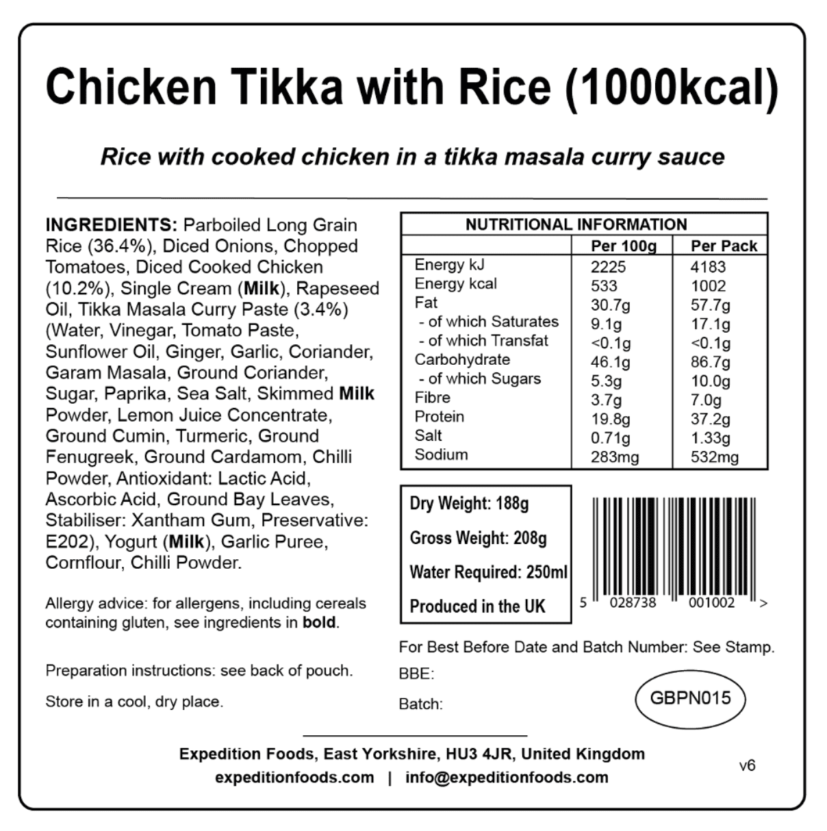 Expedition Foods Freeze Dried Meal Pouch - Chicken Tikka With Rice - Various Sizes - Image 4