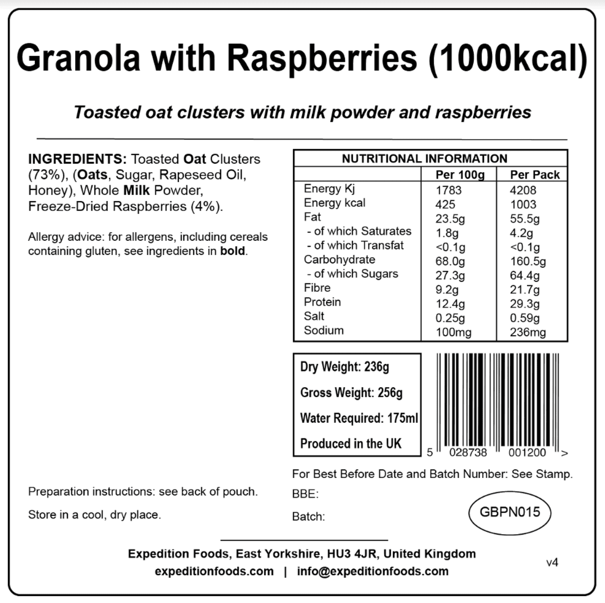 Expedition Foods Freeze Dried Meal Pouch - Granola With Raspberries - Various Sizes - Image 4