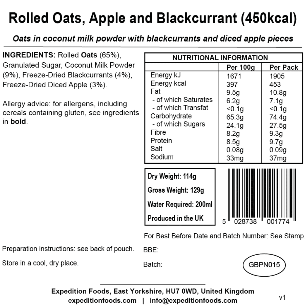 Expedition Foods Freeze Dried Meal Pouch - Rolled Oats Apple & Blackcurrant - Various Sizes - Image 6
