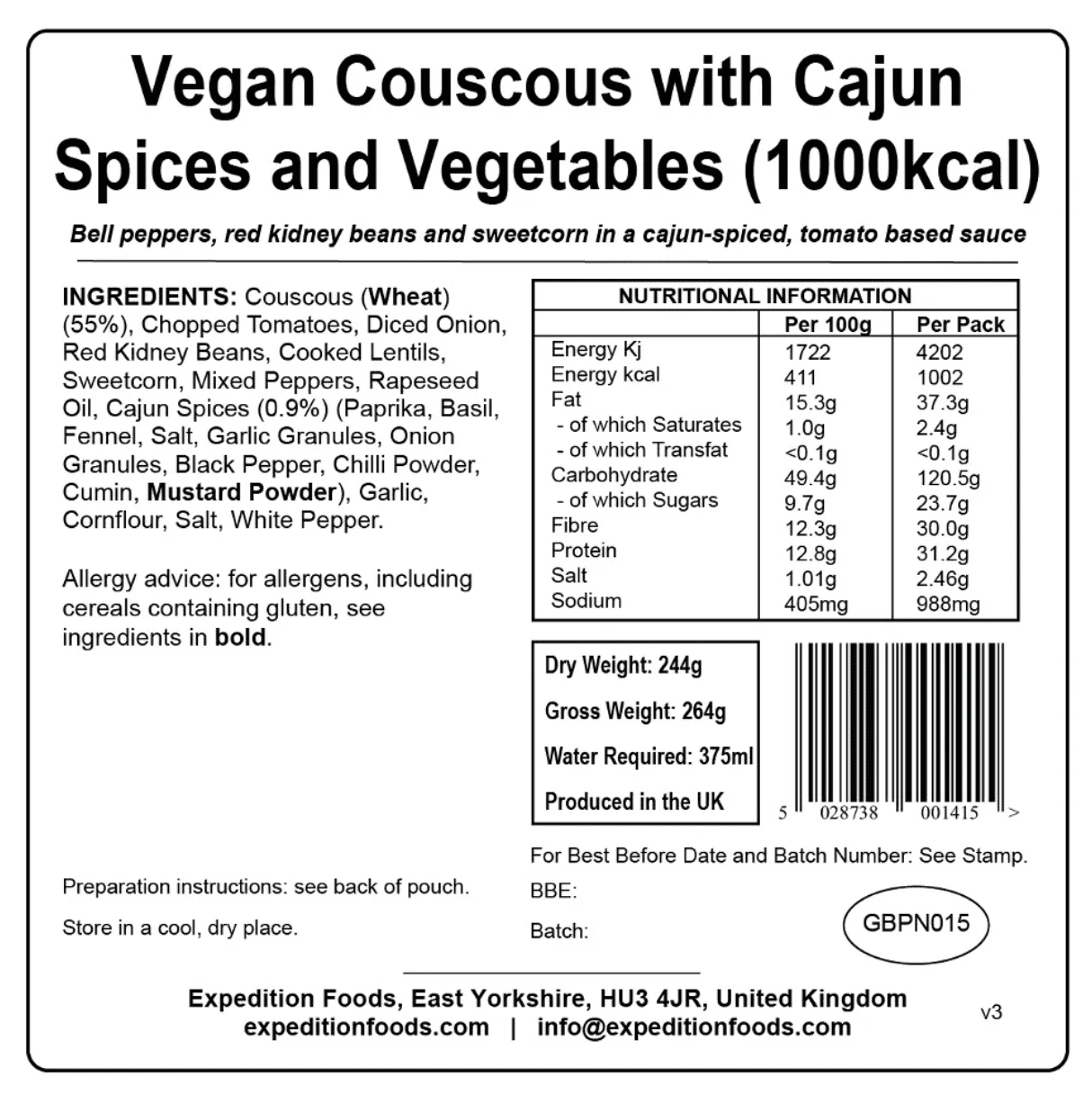 Expedition Foods Freeze Dried Meal Pouch - Vegan Couscous With Cajun Spices & Veg - Various Sizes - Image 4