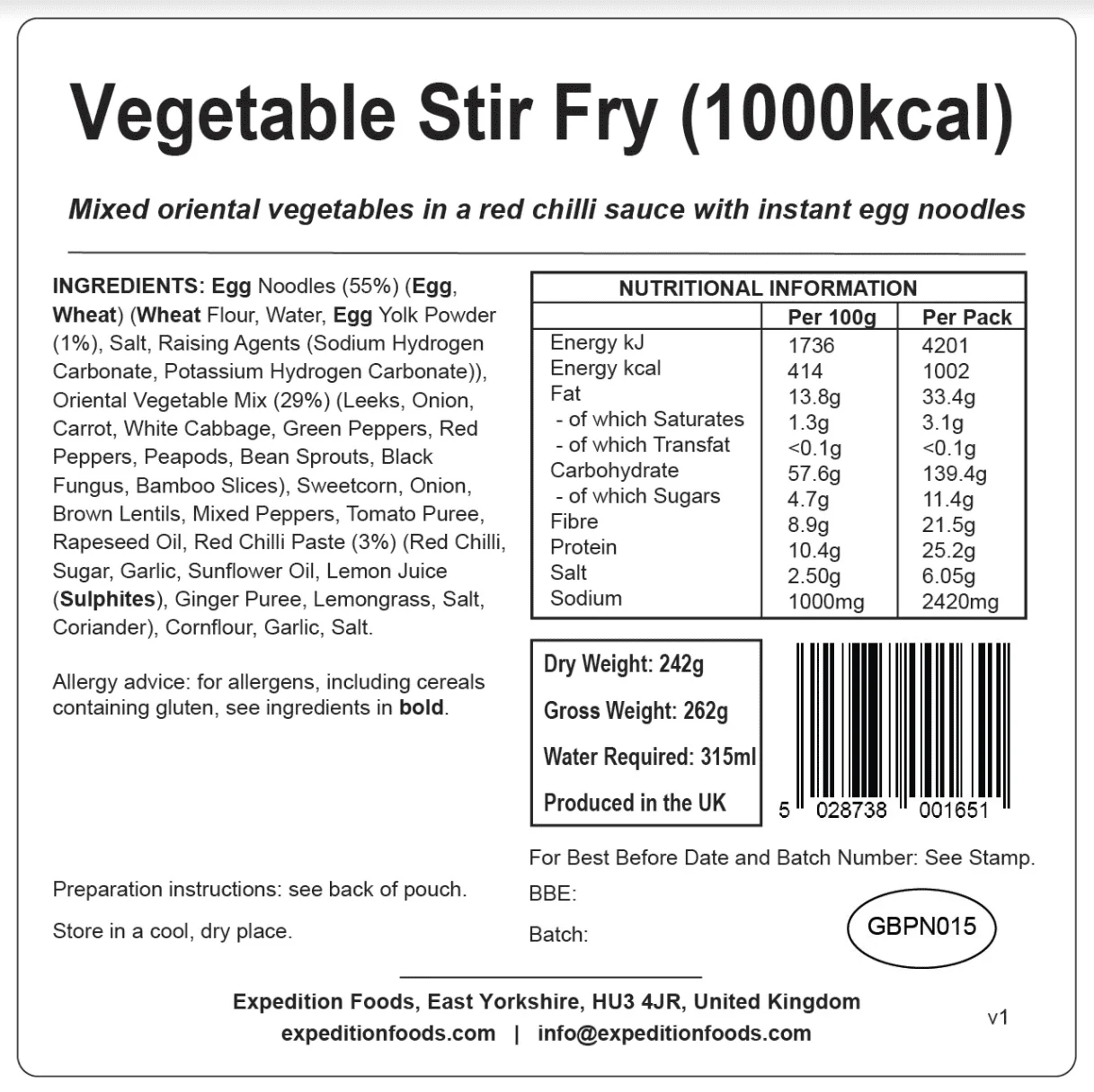Expedition Foods Freeze Dried Meal Pouch - Vegetable Stir Fry - Various Sizes - Image 4