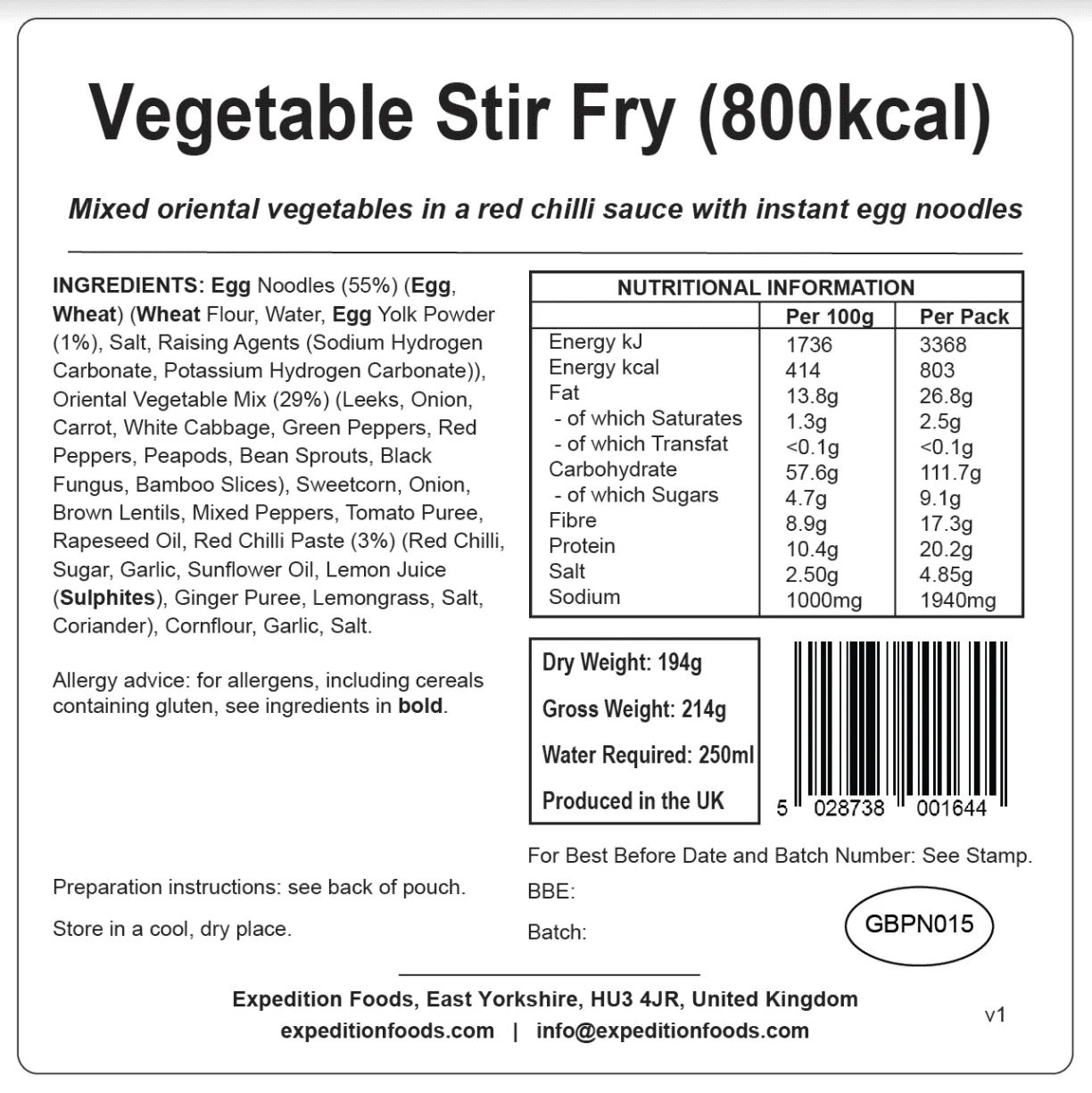 Expedition Foods Freeze Dried Meal Pouch - Vegetable Stir Fry - Various Sizes - Image 5