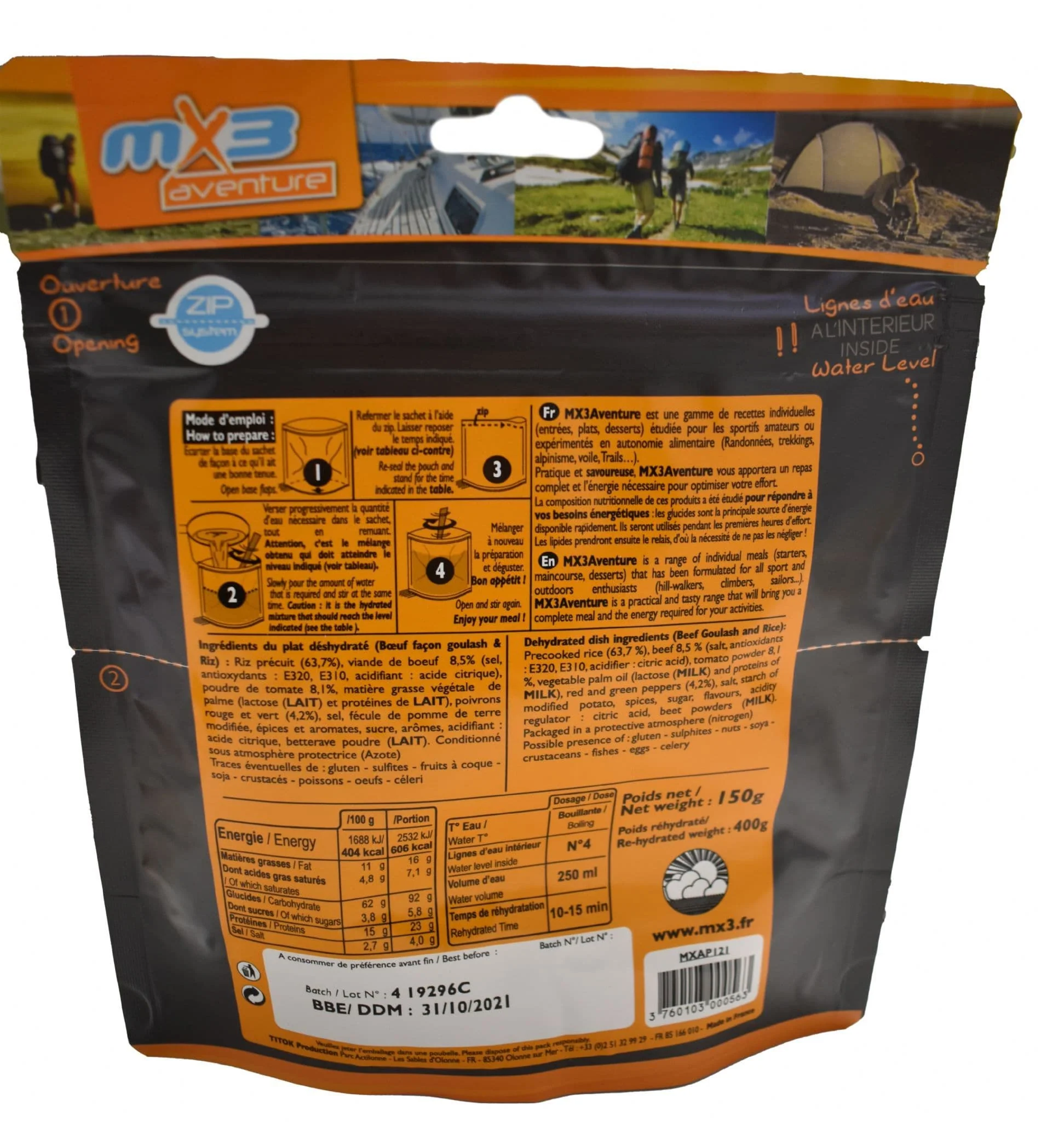MX3 Freeze Dried MRE Ration Meal Pouch - Beef Goulash & Rice 150g - Image 2